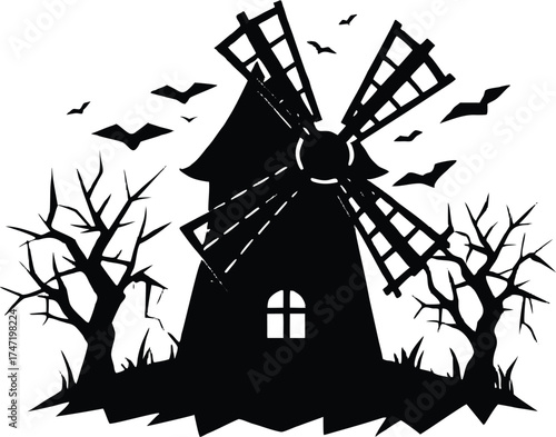 Haunted Windmill With Broken Sails Silhouette