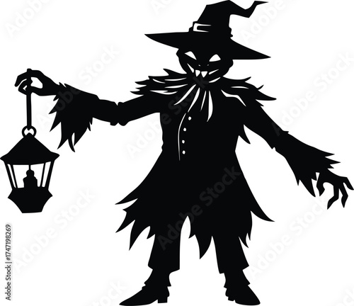 Headless Pumpkin Scarecrow Holding Lantern Silhouette