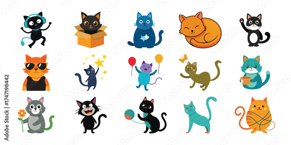 Obraz premium Collection of 15 cute and playful cartoon cats in various poses and colors