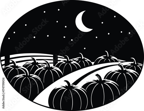 Night Pumpkin Patch Scene With Crescent Moon Silhouette