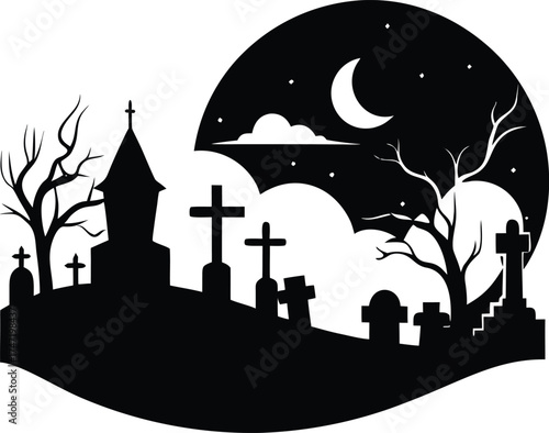 Moonlit Cemetery With Mist And Crosses Silhouette