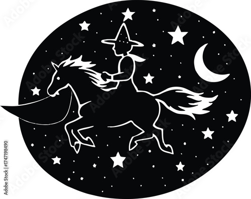 Night Sky With Witch Riding Across Stars Silhouette