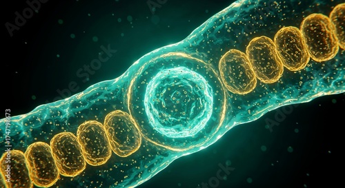 Microscopic view of neural cell connection glowing in blue and gold, scientific 3D visualization