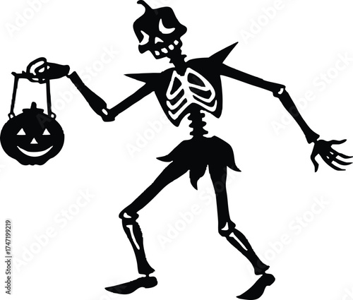 Skeleton Dancing With Pumpkin Lantern Silhouette