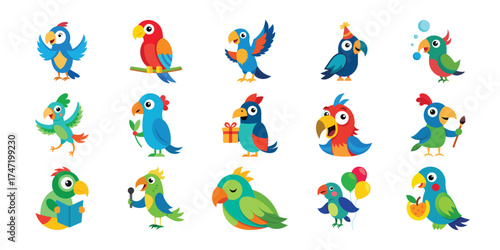 Collection of 15 adorable cartoon parrots in various poses and party outfits