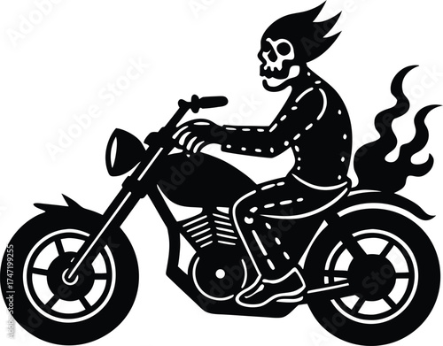 Skeleton Riding Motorbike With Flaming Wheels Silhouette