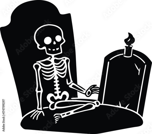 Skeleton Sitting On Gravestone With Candle Silhouette