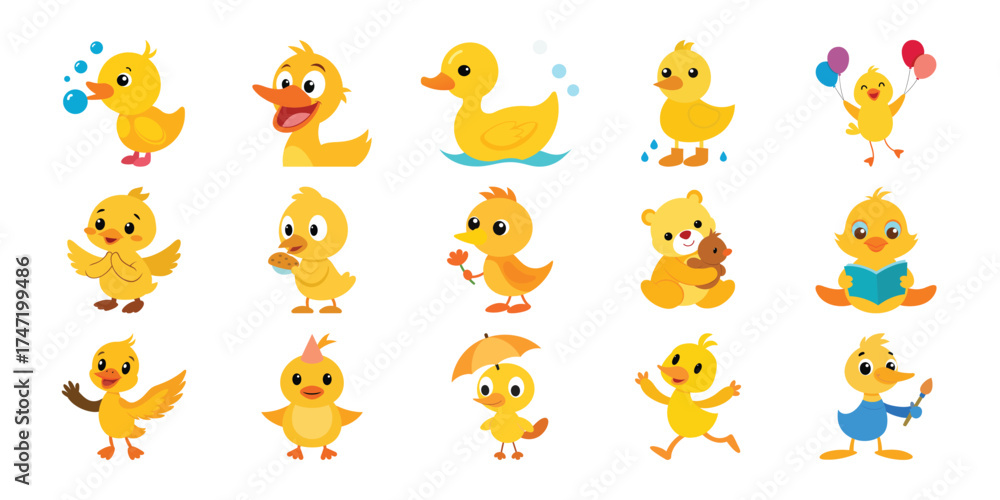 Naklejka premium Collection of cute yellow ducklings in various adorable poses and activities