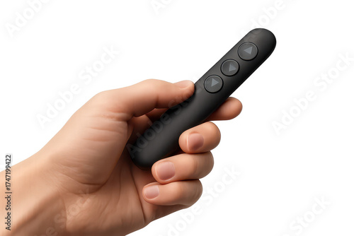 A person's hand holding a black presentation clicker isolated on transparent background.
