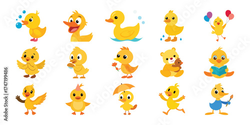 Collection of cute yellow ducklings in various adorable poses and activities