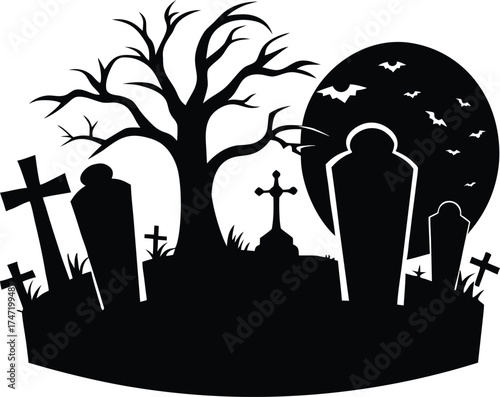 Spooky Graveyard With Crooked Tombstones Silhouette