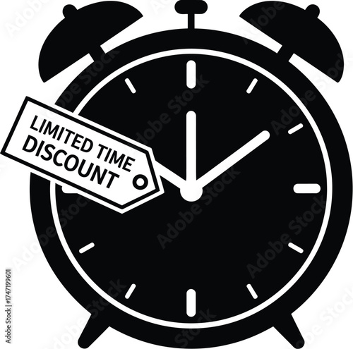 Alarm clock with a "limited time discount" tag symbolizing urgency and savings