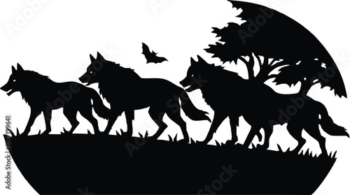 Spooky Wolf Pack Crossing Misty Field Silhouette