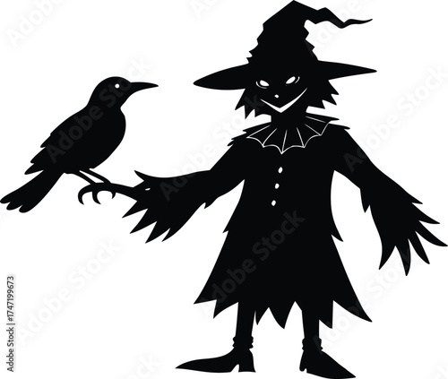 Spooky Scarecrow With Crow On Hat Silhouette