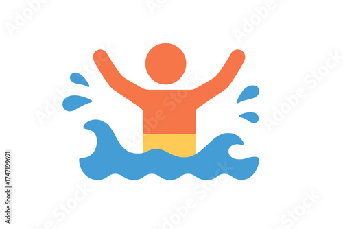 Person playing in water summer holiday splash fun icon vector illustration, joyful swim, beach vacation symbol, colorful summer activity graphic with transparent background