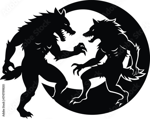 Werewolf Fight Under Blood Moon Silhouette