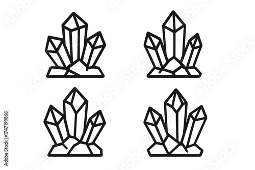 Black and white crystal cluster icon set, vector illustration of natural gemstone stones with sharp edges, transparent background, mineral rock design elements for decoration and design