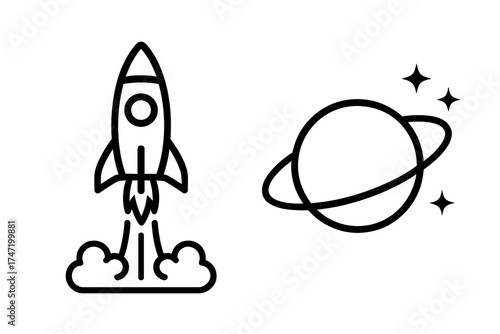 Rocket launch icon with Saturn planet ring and stars, space exploration vector illustration, cosmic spaceship silhouette, futuristic space travel design