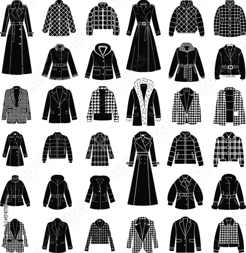 Patterned Coat and Jacket Icon Silhouette Set Stylish Winter Garment Silhouette Collection