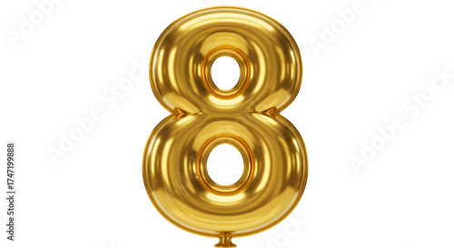 Shiny gold balloon number 8 gleams against black background. Ideal for birthday celebration, anniversary posters, and digital design.