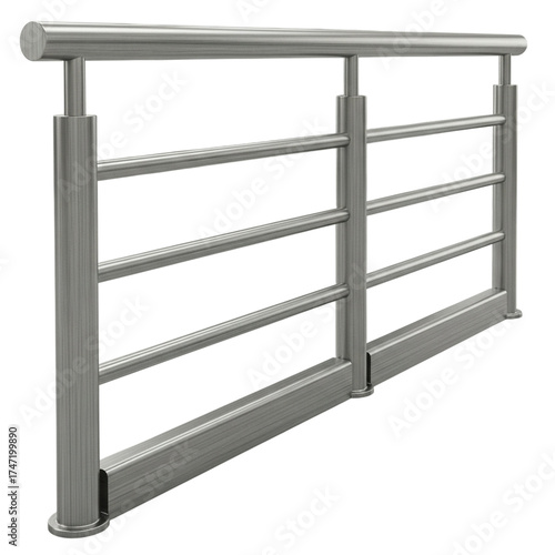 Industrial-style metal guardrail with vertical supports and brushed metallic finish, captured in a clean technical composition emphasizing structure and durability