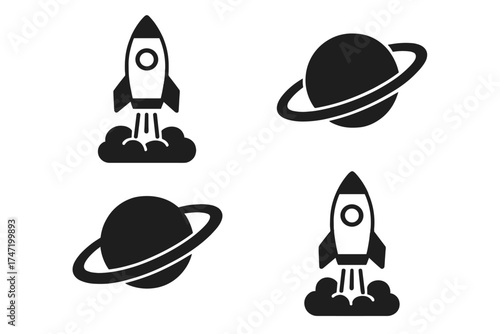 Rocket launch icons with Saturn planet vector set, space exploration illustration with transparent background, spaceship takeoff and planetary rings, astronomy symbols collection