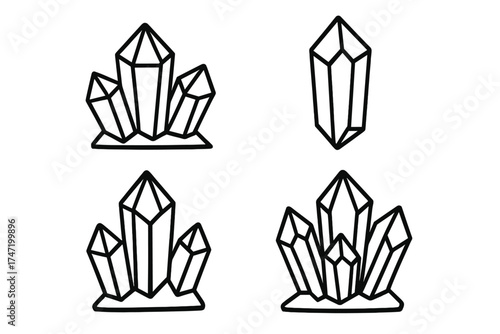 Black and white crystal cluster icons vector set, rock and gemstone line art illustration, transparent background mineral collection, natural stone shapes design elements