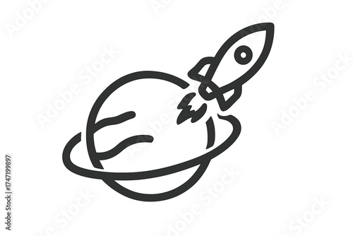 Rocket ship flying around a planet icon, space exploration concept, vector illustration with transparent background, orbiting planet, rocket launch, outer space design