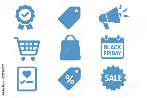 Shopping web icons set. E-commerce vector graphic elements. Price tag, promotion, cart, bag, black friday, wishlist, discount, sale, best choice for online store.