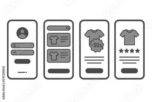 Shopping mobile app UI UX kit. E-commerce screens for login, product search, sales discount, and customer rating. Web template for online store graphic user interface.