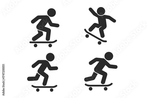 Set of skateboarding icons, sport silhouettes vector illustration, extreme action concept with transparent background, skateboard trick and ride poses, ordered set graphic