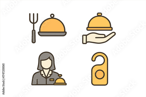 Hotel service icon set. Line icons for hospitality, travel and tourism business. Includes restaurant, room service, reception desk and do not disturb sign. Pictogram.