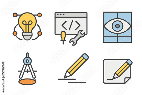 Design tools icon set for web and mobile apps. Creative process, development, coding, and vision icons. UI UX design elements. Sketch, precision, and idea symbols vector pack.