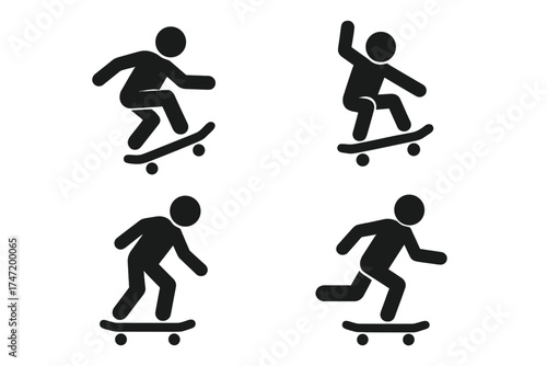 Set of dynamic skateboarding icons showing extreme sports action, vector illustration of skateboard tricks in motion with silhouettes for sport and urban lifestyle design