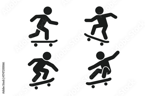 Set of dynamic skateboarding icons, sport vector illustration, extreme action concepts with transparent background, ordered collection of skateboarding poses and tricks.
