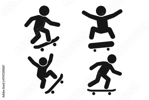 Skateboarding Icon Set, Extreme Sports Action Vector Illustration, Skateboard Tricks Silhouettes Collection in Dynamic Motion, Transparent Background