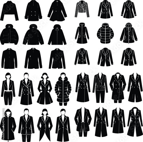 Patterned Coat and Jacket Icon Silhouette Set Stylish Winter Garment Silhouette Collection
