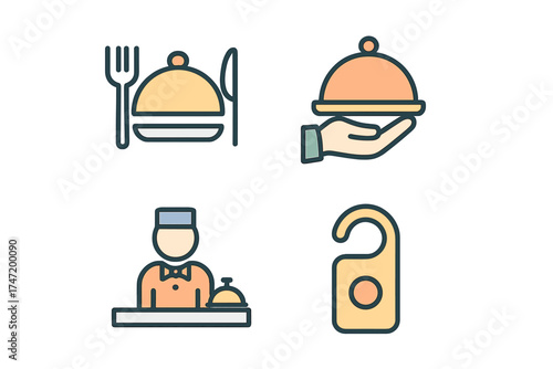 Hotel service and hospitality icon set. Restaurant food, room service, reception desk, do not disturb sign. Thin line vector pictograms for website and mobile app UI UX.