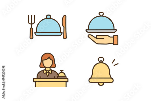 Hotel service color line icon set for website and mobile app. Contains restaurant, room service, reception desk, service bell symbols. Hospitality industry pictograms.