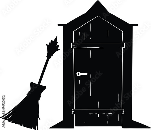 Witch S Broom Leaning By Old Wooden Door Silhouette