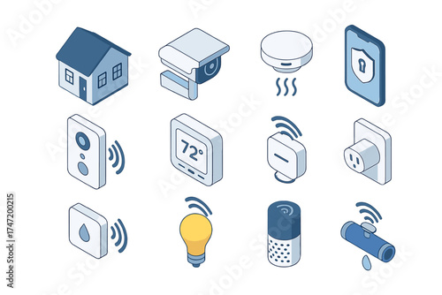 Isometric smart home icon set. 3D concept of house automation technology. Wireless control and security system. Internet of things, monitoring and surveillance vector icons.