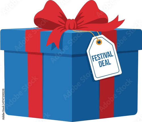 Bright blue gift box with red ribbon and 'Festival Deal' tag, perfect for promotions and celebrations.