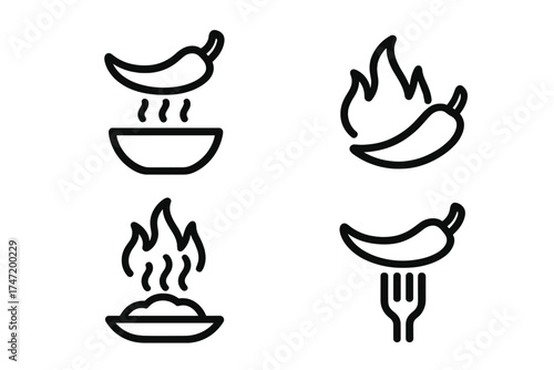Spicy food vector icons set with chili peppers, flames, hot bowl and fork, line art illustration with transparent background, fiery flavor symbols for menus and cooking designs