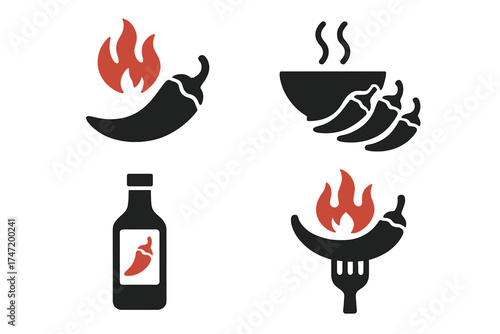 Spicy chili pepper icons set with fire, hot sauce bottle, steaming bowl, and fork, vector illustration for spicy food, hot flavor, seasoning, and culinary heat concept