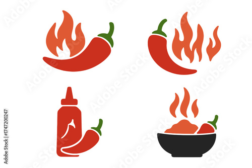 Spicy chili pepper icons set with flames, hot sauce bottle, and steaming spicy food bowl, vector illustration with transparent background, fiery heat and flavor concept