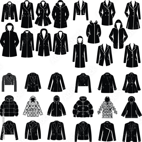 Patterned Coat and Jacket Icon Silhouette Set Stylish Winter Garment Silhouette Collection