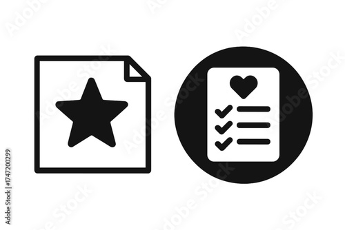 Star icon on note paper with wishlist checklist heart symbol, vector illustration set, transparency background, favorite list and task completion concept, to-do list design