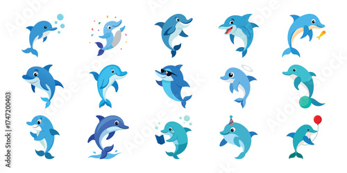 Collection of playful cartoon dolphins in various poses and actions underwater and jumping from water