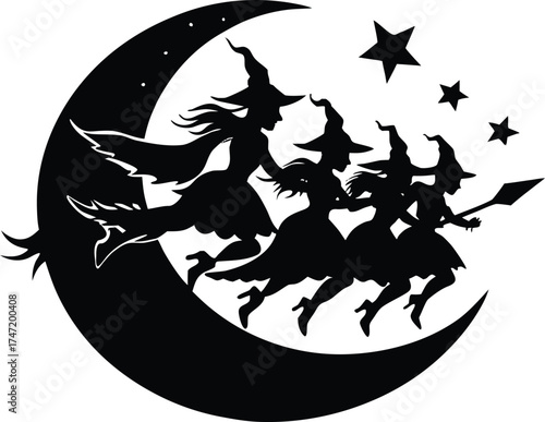 Witches Flying In Group Across Moon Silhouette