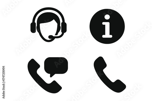 Support and Information Vector Icons Set. Call Center, Customer Service, Phone Receiver with Speech Bubble, Info Symbol, Headset Operator Silhouette. Transparent Background.